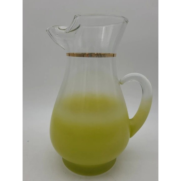 Pitcher Blendo Vintage Retro Frosted Yellow Green Glass Gold Trim MCM - Picture 1 of 10